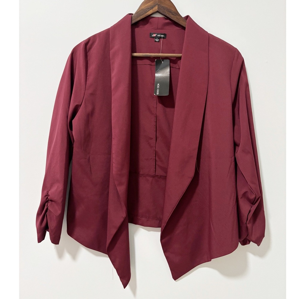 Michel Blazer Womens Large Burgundy Ruched Sleeve Open Front Draped Jacket